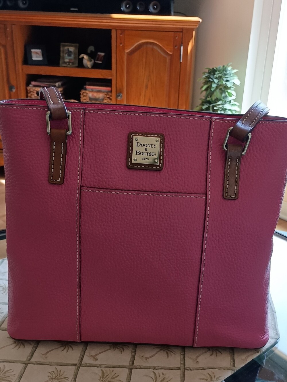 Dooney & Bourke Raspberry Pink Pebbled Leather Tote with Brown Handles